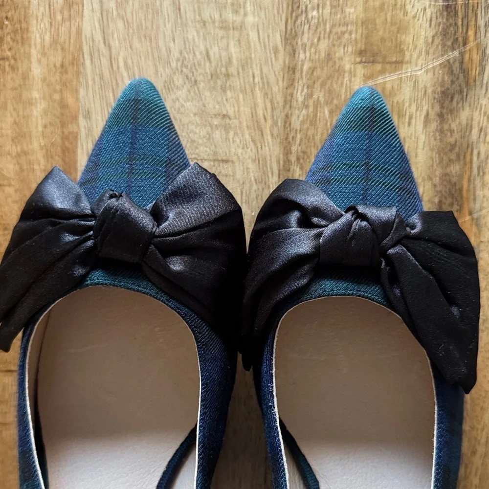 Jack Rogers Debra Tartan Plaid Satin Bow Slingback Kitten Heel Pumps 7.5 7 1/2 - Picture 4 of 5